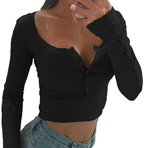 NIKDUCK y2k Cutout Long Sleeve Shirt for Women Sexy Backless Elastic T Shirt Bodycon Crop Shirt Solid Slim Shirt Streetwear (#26-Black, M)