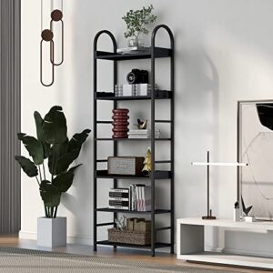 6-tier bookcase freestanding bookshelf with mdf board & round top frame, narrow rectangular storage shelves with adjustable foot pads for living room, & small spaces (black)