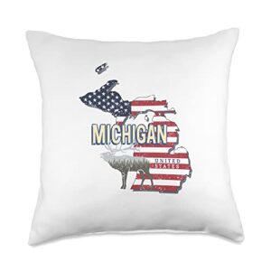 michigan united states retro state map vintage usa souvenir throw pillow, 18x18, multicolor