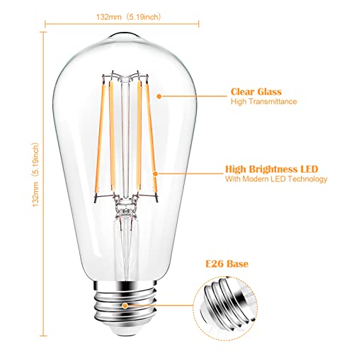 PARTPHONER LED Light Bulbs Dimmable Vintage Edison Bulb, E26 LED Bulb 60W Equivalent 720 Lumens, Warm White 2700K, ST58 Antique LED Filament Bulb CRI 85+, Clear Glass, Pack of 4