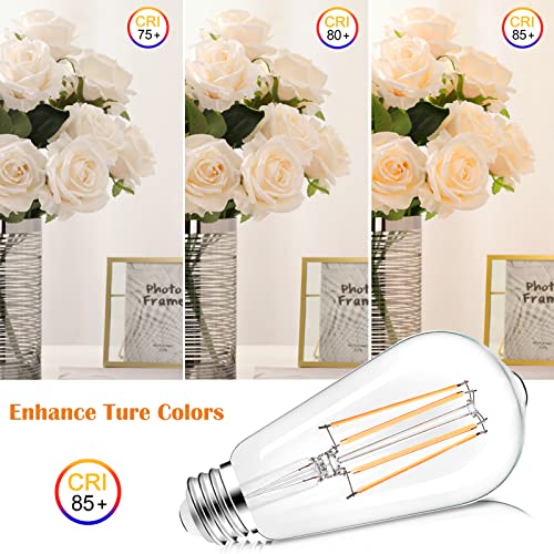 PARTPHONER LED Light Bulbs Dimmable Vintage Edison Bulb, E26 LED Bulb 60W Equivalent 720 Lumens, Warm White 2700K, ST58 Antique LED Filament Bulb CRI 85+, Clear Glass, Pack of 4