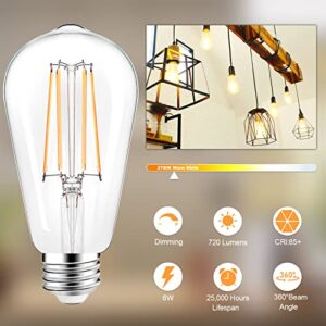 PARTPHONER LED Light Bulbs Dimmable Vintage Edison Bulb, E26 LED Bulb 60W Equivalent 720 Lumens, Warm White 2700K, ST58 Antique LED Filament Bulb CRI 85+, Clear Glass, Pack of 4