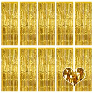 10 pack gold backdrop curtain 3.2ft x 8.2ft metallic tinsel foil fringe curtains photo booth background for birthday party decoration baby shower engagement wedding christmas decoration (gold)