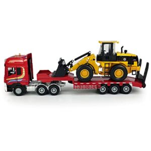Flatbed Truck Toy with Excavator Loader Tractor Bulldozer Semi Tow Truck Transport Trailer Metal Diecast Construction Vehicles 2 in 1 Vehicle Playset Friction Powered Toy Trucks for Boys Kids Gift red