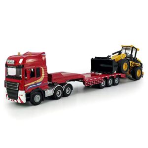 Flatbed Truck Toy with Excavator Loader Tractor Bulldozer Semi Tow Truck Transport Trailer Metal Diecast Construction Vehicles 2 in 1 Vehicle Playset Friction Powered Toy Trucks for Boys Kids Gift red