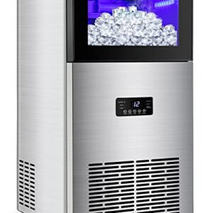 Commercial Ice Maker Machine 130LBS/24H with 35LBS Storage Bin, Stainless Steel Undercounter/Freestanding Ice Cube Maker for Home Bar Outdoor, Automatic Operation, Include Scoop, Connection Hose