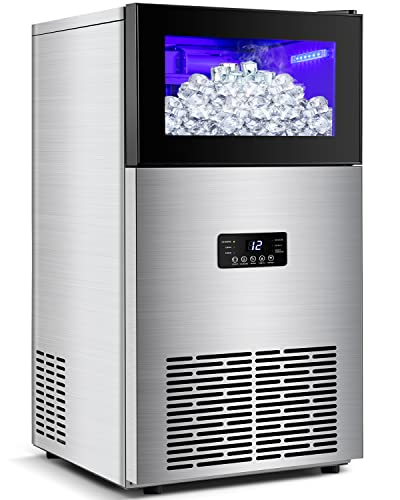 Commercial Ice Maker Machine 130LBS/24H with 35LBS Storage Bin, Stainless Steel Undercounter/Freestanding Ice Cube Maker for Home Bar Outdoor, Automatic Operation, Include Scoop, Connection Hose