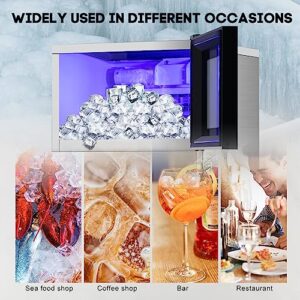 Commercial Ice Maker Machine 130LBS/24H with 35LBS Storage Bin, Stainless Steel Undercounter/Freestanding Ice Cube Maker for Home Bar Outdoor, Automatic Operation, Include Scoop, Connection Hose