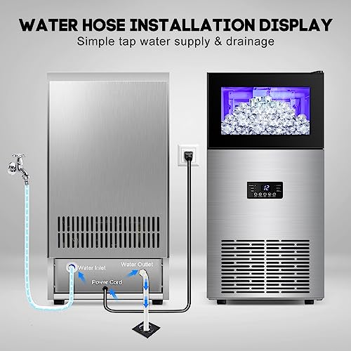 Commercial Ice Maker Machine 130LBS/24H with 35LBS Storage Bin, Stainless Steel Undercounter/Freestanding Ice Cube Maker for Home Bar Outdoor, Automatic Operation, Include Scoop, Connection Hose