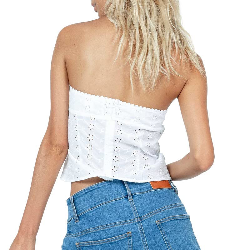 Women Sexy Y2K Strapless Tube Tops Off Shoulder Bandeau Bustier Sleeveless Backless Skinny Tank Crop Top Streetwear Lace White