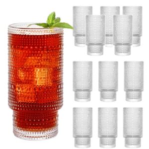 qappda vintage tall drinking glasses set of 12,10oz hobnail highball glasses,romantic embossed cocktail glasses glass coffee glassware set for water,juice,soda