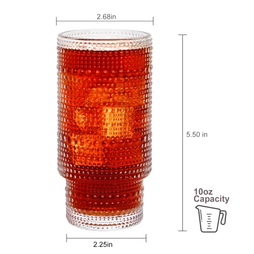 QAPPDA Vintage Tall Drinking Glasses Set of 12,10oz Hobnail Highball Glasses,Romantic Embossed Cocktail Glasses Glass Coffee Glassware Set for Water,Juice,Soda