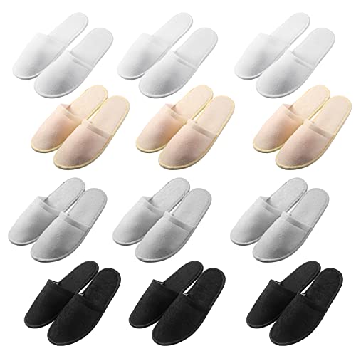 Geyoga 12 Pair House Slipper for Guest Non Slip Disposable Slipper for Travel Washable Reusable Hotel Slipper Bridesmaid Slipper for Spa Indoor Wedding Party (Black, Gray, White, Beige)