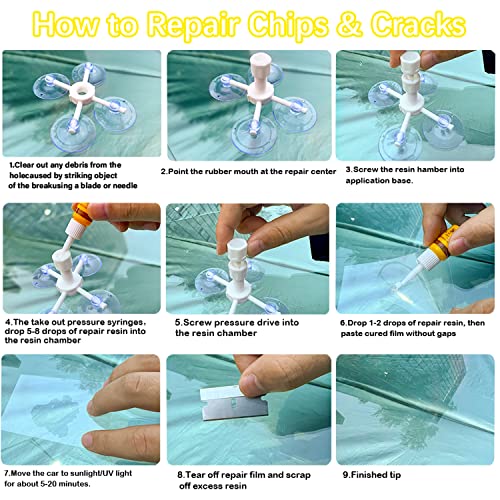 Windshield Repair Kit, Automotive Windshield Chip Repair Kit, Efficient Glass Crack Repair Kit with 4 Bottles Fluid of Resin, Auto Glass Repair Kit for Chips,Cracks,Star-Shaped Crack