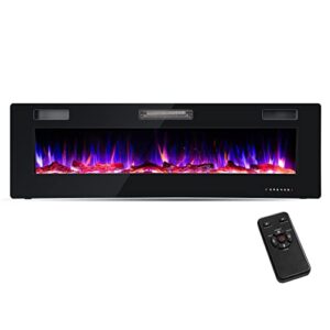 costway 60 inches ultra-thin electric fireplace, 750w/1500w recessed & wall mounted electric fireplace with remote control, timer, log & decorative crystals, adjustable flame color, brightness, speed 