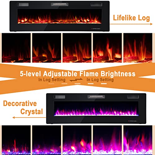 COSTWAY 60 Inches Ultra-thin Electric Fireplace, 750W/1500W Recessed & Wall Mounted Electric Fireplace with Remote Control, Timer, Log & Decorative Crystals, Adjustable Flame Color, Brightness, Speed 