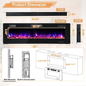 COSTWAY 60 Inches Ultra-thin Electric Fireplace, 750W/1500W Recessed & Wall Mounted Electric Fireplace with Remote Control, Timer, Log & Decorative Crystals, Adjustable Flame Color, Brightness, Speed 