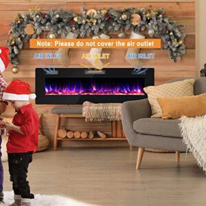 COSTWAY 60 Inches Ultra-thin Electric Fireplace, 750W/1500W Recessed & Wall Mounted Electric Fireplace with Remote Control, Timer, Log & Decorative Crystals, Adjustable Flame Color, Brightness, Speed 