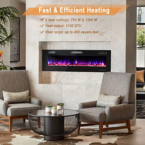 COSTWAY 60 Inches Ultra-thin Electric Fireplace, 750W/1500W Recessed & Wall Mounted Electric Fireplace with Remote Control, Timer, Log & Decorative Crystals, Adjustable Flame Color, Brightness, Speed 
