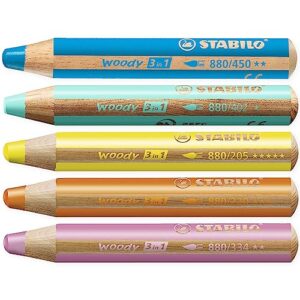stabilo multi-talented pencil woody 3-in-1 - pastel box of 5 - pink, orange, yellow, cyan blue & blue + sharpener