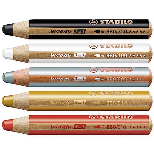 STABILO Multi-talented Pencil woody 3-in-1 - Basic Box of 5 - Silver, Gold, White, Black, Red + Sharpener