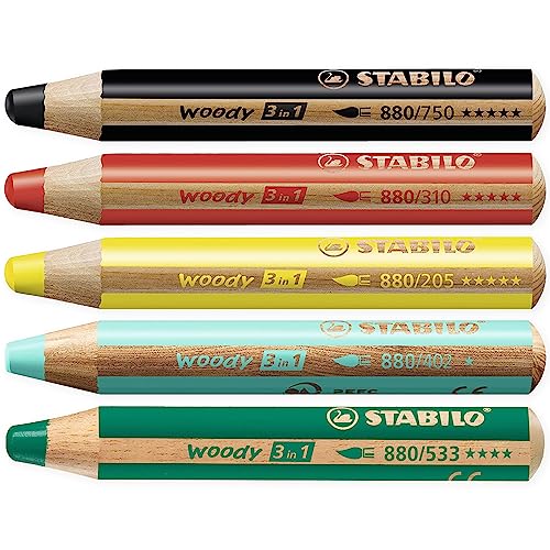 STABILO Multi-talented Pencil woody 3-in-1 - Box of 5 - Red, Yellow, Dark Green, Blue, & Black + Sharpener