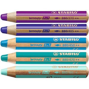stabilo multi-talented pencil woody 3-in-1 - blue tones box of 5 - violet, ultramarine, blue, cyan blue & turquoise + sharpener