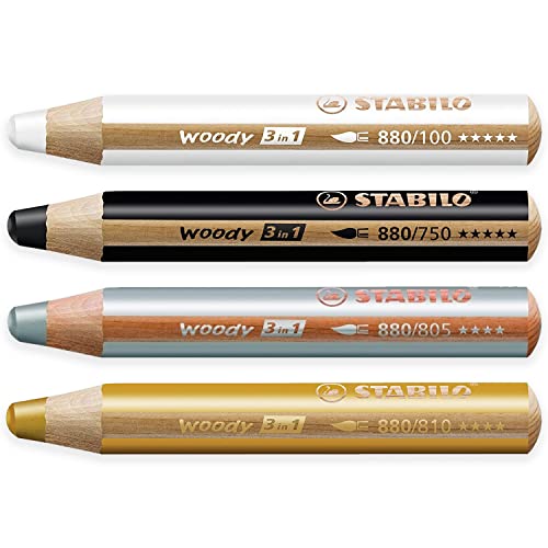 STABILO Multi-talented Pencil woody 3-in-1 - Pack of 4 - Black, White, Gold & Silver