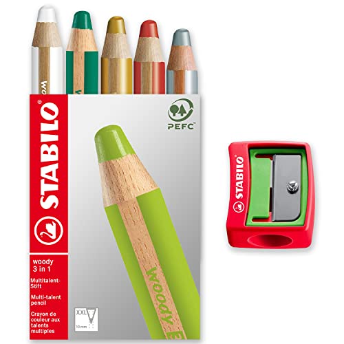 STABILO Multi-talented Pencil woody 3-in-1 - Box of 5 - Red, Dark Green, White, Silver & Gold + Sharpener