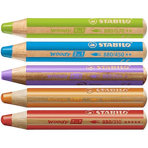 STABILO Multi-talented Pencil woody 3-in-1 - Box of 5 - Red, Orange, Leaf Green, Cyan Blue & Lilac + Sharpener