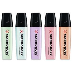 stabilo highlighter boss original - essential pastel pack of 5 - mint green, turquoise, lilac haze, pink blush & creamy peach