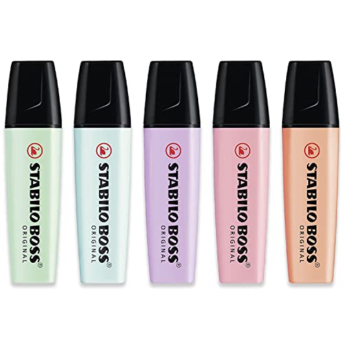 STABILO Highlighter BOSS ORIGINAL - Essential Pastel Pack of 5 - Mint Green, Turquoise, Lilac Haze, Pink Blush & Creamy Peach