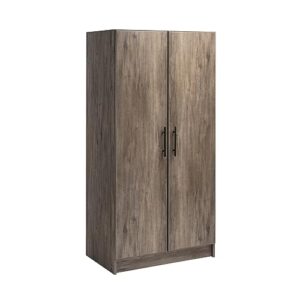 prepac elite functional wardrobe closet cabinet with hanging rail, simplistic 2-door armoire portable closet 20" d x 32" w x 65" h, drifted gray, dew-3264