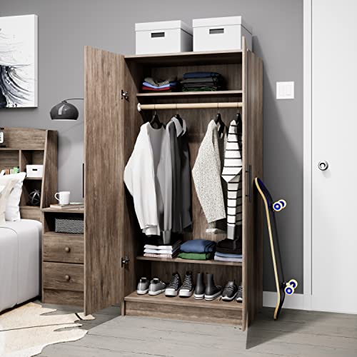 Prepac Elite Functional Wardrobe Closet Cabinet with Hanging Rail, Simplistic 2-Door Armoire Portable Closet 20" D x 32" W x 65" H, Drifted Gray, DEW-3264