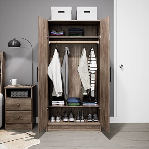 Prepac Elite Functional Wardrobe Closet Cabinet with Hanging Rail, Simplistic 2-Door Armoire Portable Closet 20" D x 32" W x 65" H, Drifted Gray, DEW-3264