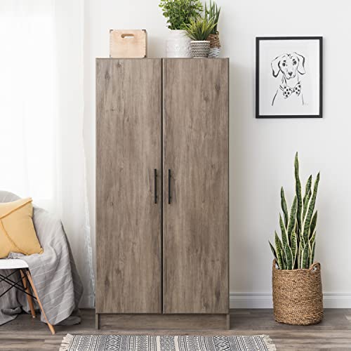 Prepac Elite Functional Wardrobe Closet Cabinet with Hanging Rail, Simplistic 2-Door Armoire Portable Closet 20" D x 32" W x 65" H, Drifted Gray, DEW-3264