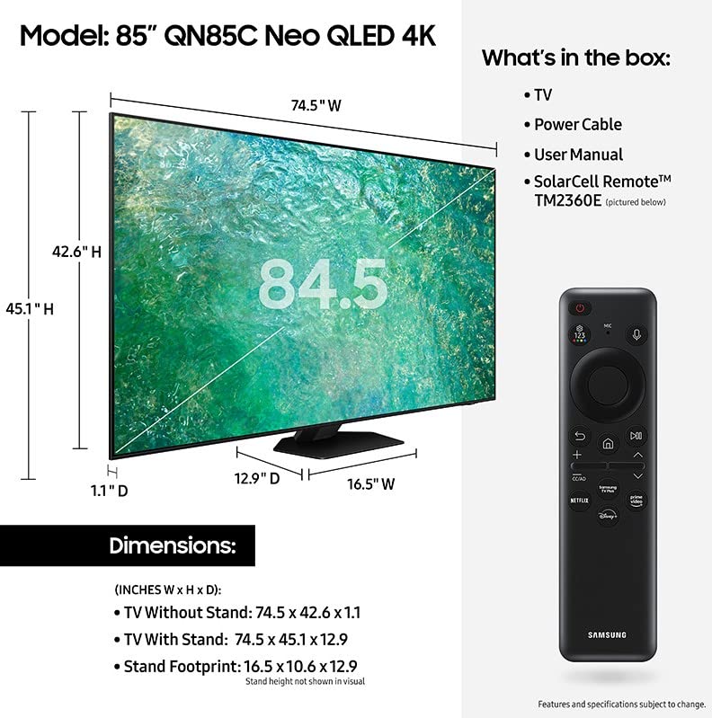 SAMSUNG 85-Inch Class Neo QLED 4K QN85C Series Neo Quantum HDR, Dolby Atmos, Object Tracking Sound, Motion Xcelerator Turbo+, Gaming Hub, Smart TV with Alexa Built-in (QN85QN85C, 2023 Model)