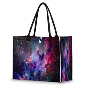 cfpolar reusable grocery shopping bag with hard bottom, galaxy star nebula large foldable multipurpose heavy duty tote with zipper pockets, stands upright, durable and eco friendly, beach bag