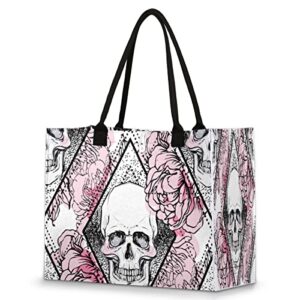 flower skull reusable grocery shopping bag with hard bottom, gothic skull floral large foldable multipurpose heavy duty tote with zipper pockets, stands upright, durable and eco friendly, beach bag