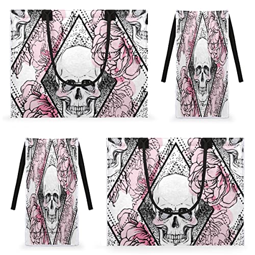 Flower Skull Reusable Grocery Shopping Bag with Hard Bottom, Gothic Skull Floral Large Foldable Multipurpose Heavy Duty Tote with Zipper Pockets, Stands Upright, Durable and Eco Friendly, Beach Bag