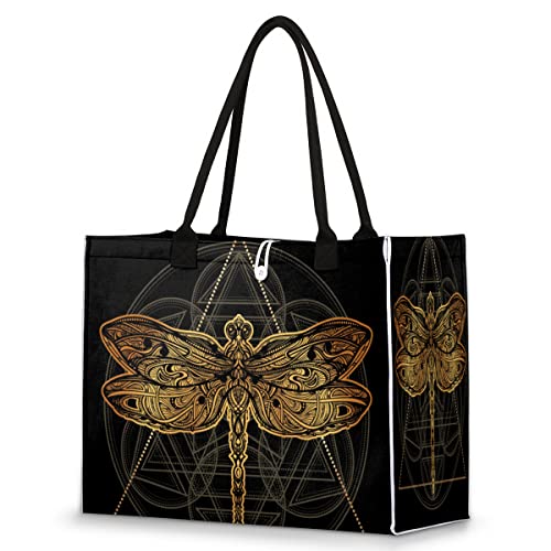 cfpolar Ethnic Flower Dragonfly Reusable Grocery Shopping Bag with Hard Bottom, Geometry Dragonfly Large Foldable Multipurpose Heavy Duty Tote Stands Upright, Durable and Eco Friendly, Beach Bag