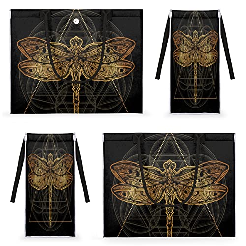 cfpolar Ethnic Flower Dragonfly Reusable Grocery Shopping Bag with Hard Bottom, Geometry Dragonfly Large Foldable Multipurpose Heavy Duty Tote Stands Upright, Durable and Eco Friendly, Beach Bag