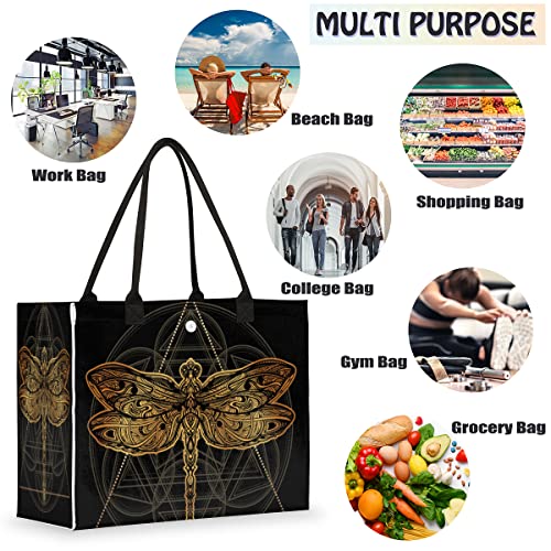 cfpolar Ethnic Flower Dragonfly Reusable Grocery Shopping Bag with Hard Bottom, Geometry Dragonfly Large Foldable Multipurpose Heavy Duty Tote Stands Upright, Durable and Eco Friendly, Beach Bag