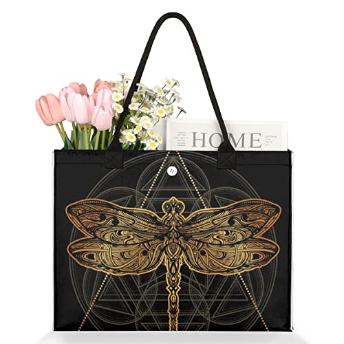 cfpolar Ethnic Flower Dragonfly Reusable Grocery Shopping Bag with Hard Bottom, Geometry Dragonfly Large Foldable Multipurpose Heavy Duty Tote Stands Upright, Durable and Eco Friendly, Beach Bag