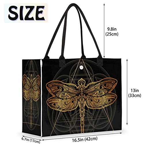 cfpolar Ethnic Flower Dragonfly Reusable Grocery Shopping Bag with Hard Bottom, Geometry Dragonfly Large Foldable Multipurpose Heavy Duty Tote Stands Upright, Durable and Eco Friendly, Beach Bag