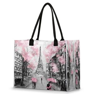 cfpolar eiffel tower lovers reusable grocery shopping bag with hard bottom, flower love paris large foldable multipurpose heavy duty tote stands upright, durable and eco friendly, beach bag