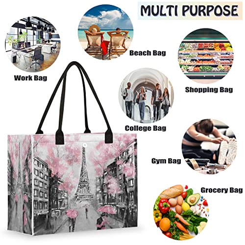 cfpolar Eiffel Tower Lovers Reusable Grocery Shopping Bag with Hard Bottom, Flower Love Paris Large Foldable Multipurpose Heavy Duty Tote Stands Upright, Durable and Eco Friendly, Beach Bag