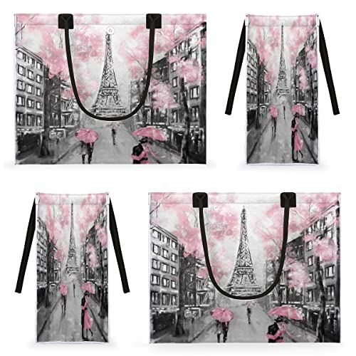 cfpolar Eiffel Tower Lovers Reusable Grocery Shopping Bag with Hard Bottom, Flower Love Paris Large Foldable Multipurpose Heavy Duty Tote Stands Upright, Durable and Eco Friendly, Beach Bag