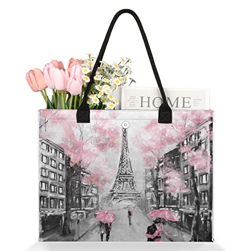 cfpolar Eiffel Tower Lovers Reusable Grocery Shopping Bag with Hard Bottom, Flower Love Paris Large Foldable Multipurpose Heavy Duty Tote Stands Upright, Durable and Eco Friendly, Beach Bag