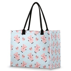 cute cartoon pig reusable grocery shopping bag with hard bottom, animal pig large foldable multipurpose heavy duty tote with zipper pockets, stands upright, durable and eco friendly, beach bag